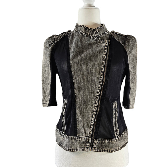 VTG Eand Queen Distressed Asymmetrical Jacket Sz. S [4-6] Gray Black Acid Wash - Picture 3 of 12